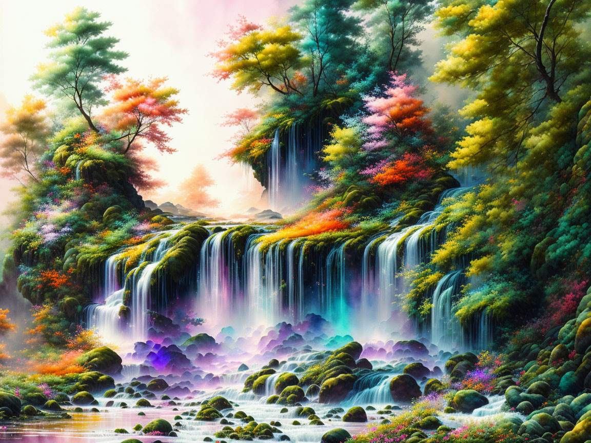 Colorful Waterfall Landscape with Misty Rock Formations