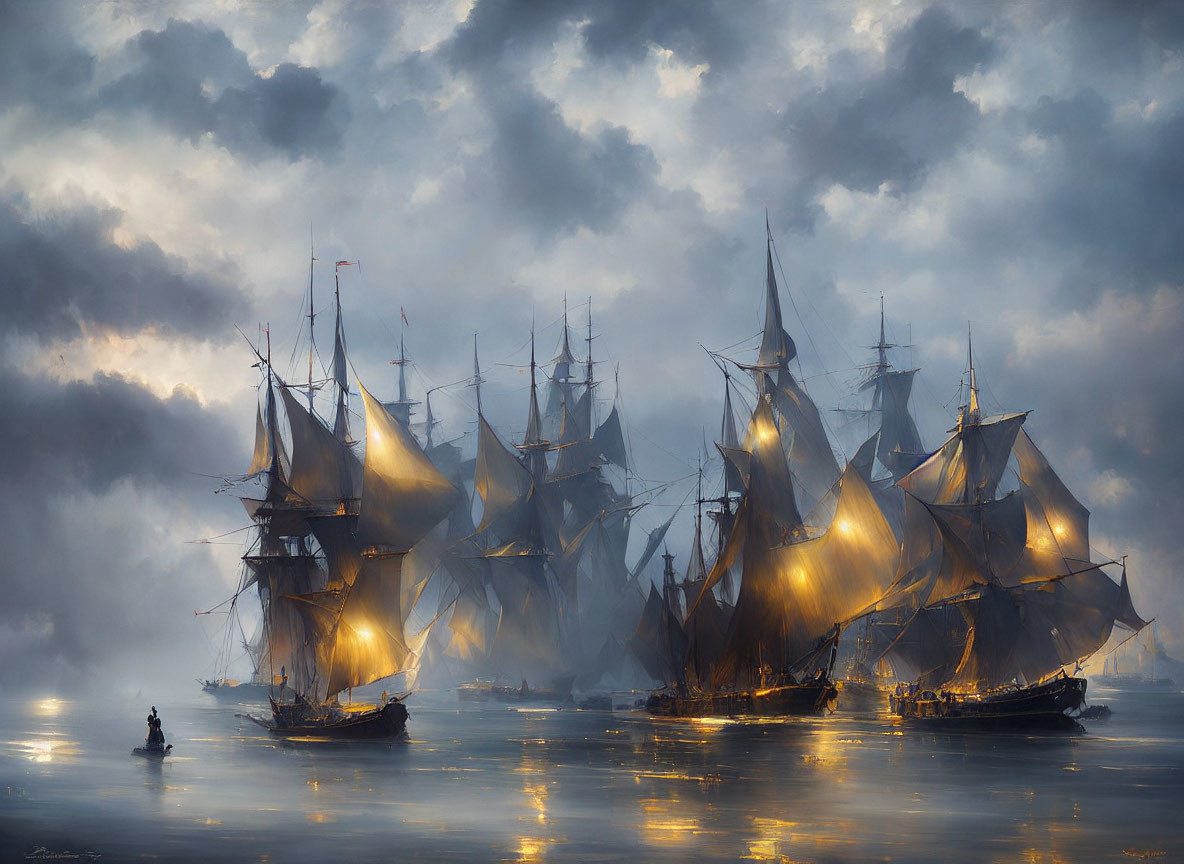 Tall ships with illuminated sails on misty sea under dramatic cloudy sky