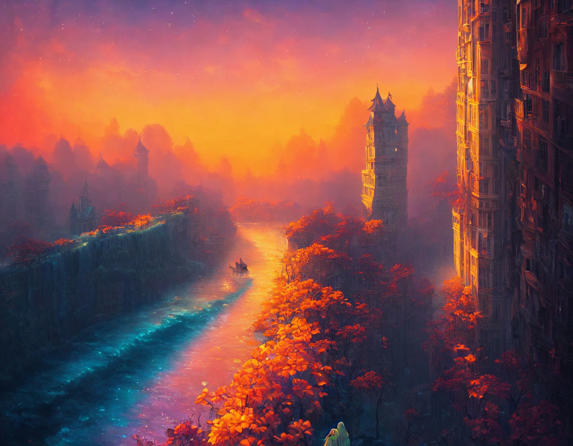 Fantastical sunset landscape with glowing river and traditional buildings