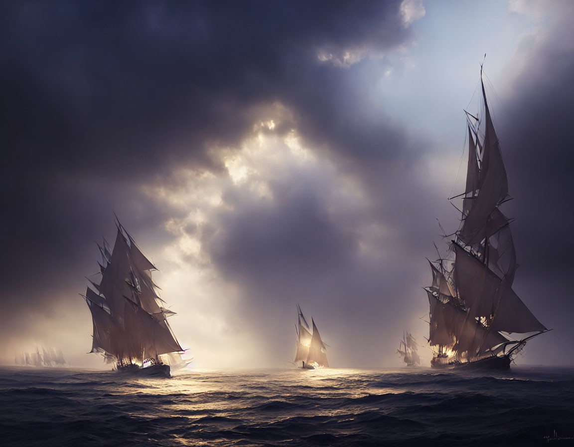 Tall ships with billowing sails on stormy seas