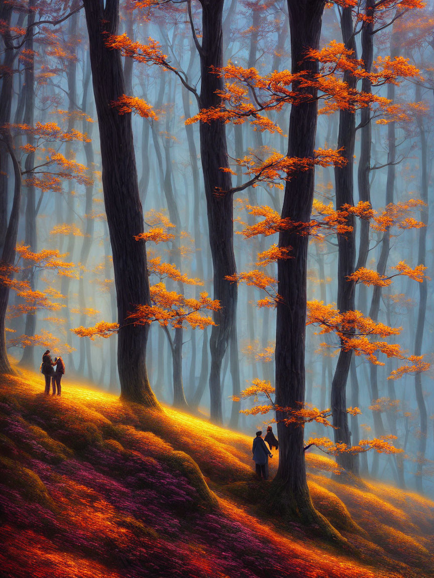 Vibrant autumnal forest with tall trees, misty backdrop, and two people among colorful under