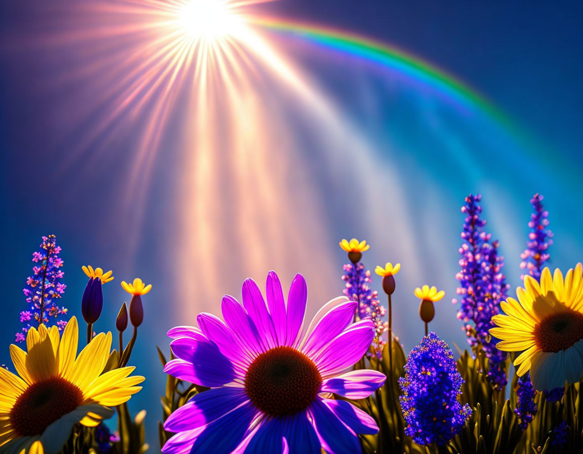 Colorful flower field with sunbeams and rainbow overhead