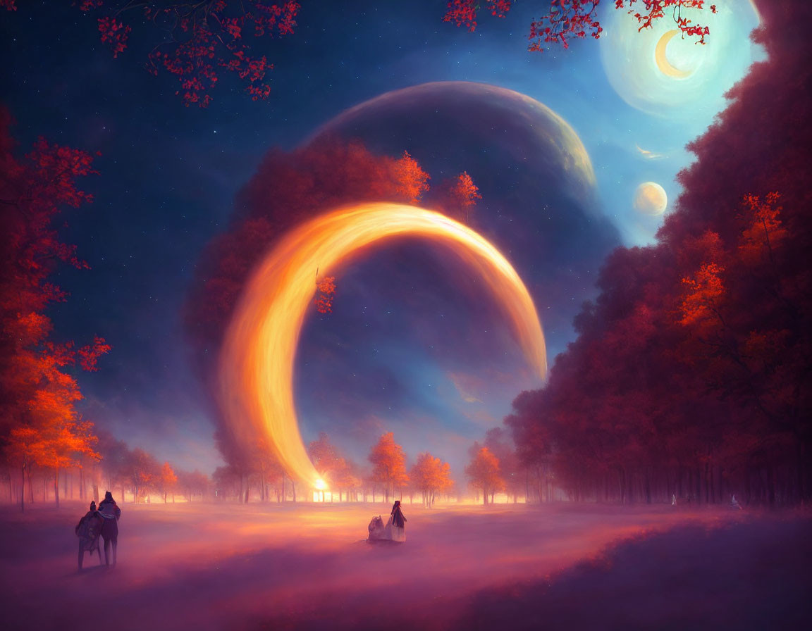 Fantastical landscape with rider, campfire, planets, luminous ring, mystical forest