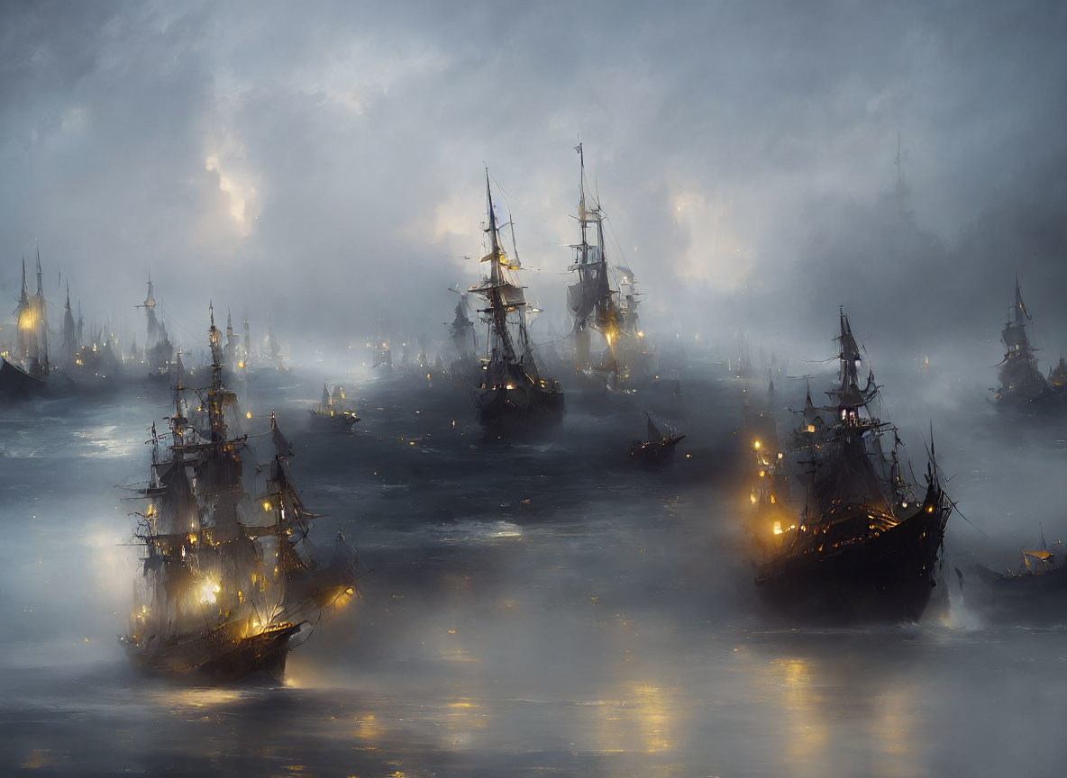 Illuminated tall ships in foggy seascape under cloudy sky