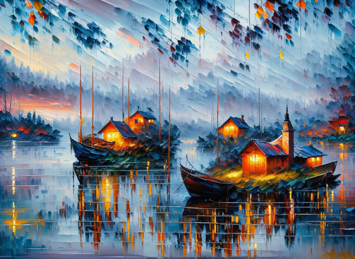 Vibrant Impressionistic Painting of Lakeside Village at Twilight