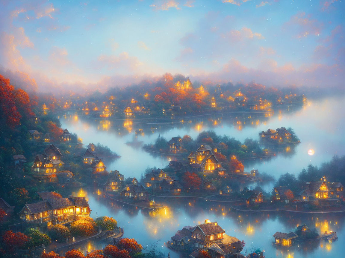 Misty lakeside village at dawn with autumn trees & warmly lit houses