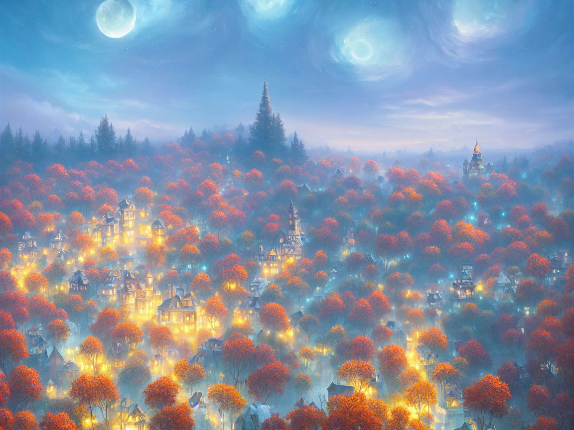 Illustration of village in autumn forest under starry sky with two moons