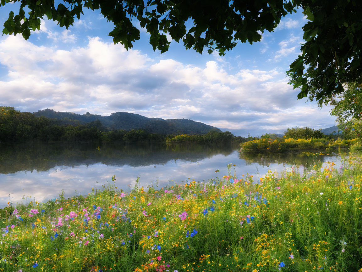 Scenic River Landscape with Wildflowers, Reflective Waters, and Mountains