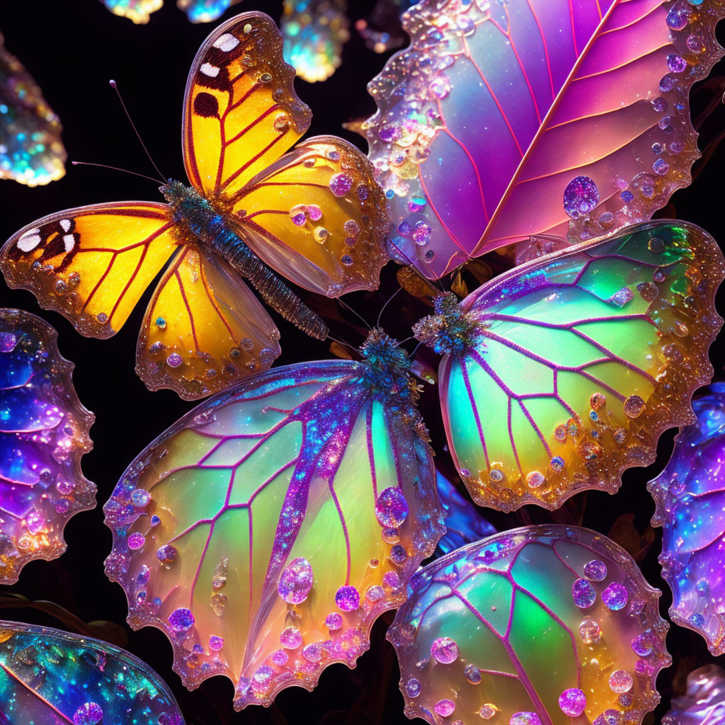 Vibrant artificial butterflies with water droplets, colorful hues, and sparkling wings.