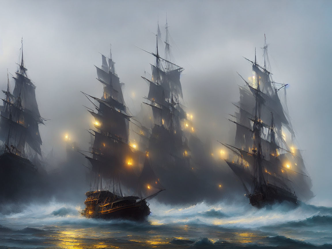 Historic sailing ships with lanterns in misty sea.