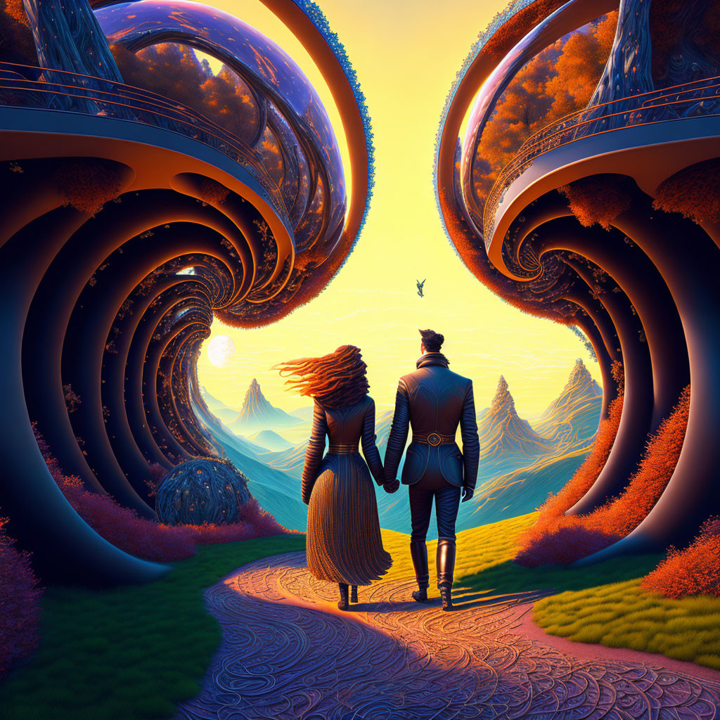 Couple Holding Hands in Surreal Landscape with Swirling Pathways