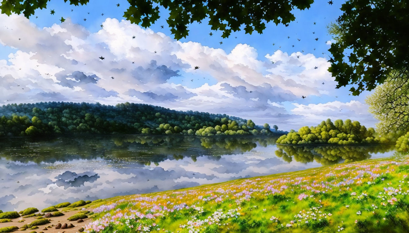 Tranquil lake landscape with lush greenery and flying birds