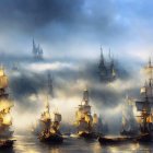 Sailing tall ships in misty seas under dramatic sky