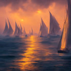 Sailboats in misty waters under golden light and dramatic clouds.