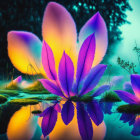 Colorful digital artwork: Large purple and pink flower reflected on serene water with misty forest backdrop