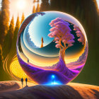 Surreal image of three people near reflective sphere in forest