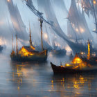 Historic sailing ships illuminated in foggy sea at night.