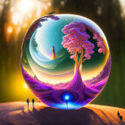 Surreal landscape with figures and iridescent bubble in cosmic scenery