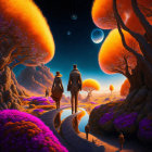 Vibrant surreal landscape with oversized orange trees and crescent moon