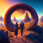 Couple walking towards circular tree archway in surreal landscape