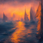 Sailboats with billowing sails on misty sea at warm sunset