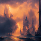 Tall ships sailing through misty waters at sunset or sunrise