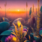 Surreal sunset landscape with vibrant trees and floating orbs