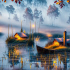 Foggy harbor scene with illuminated boats and ships