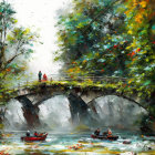 Stone bridge over tranquil river in misty autumn forest with people in small boats.