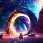 Digital Art: People in surreal scene with celestial rings, autumn trees, luminous night sky