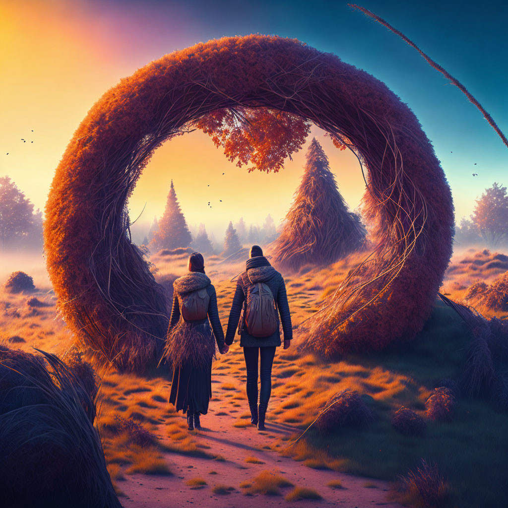 Couple walking towards circular tree archway in surreal landscape