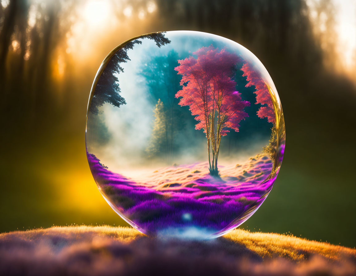 Crystal Ball Showing Inverted Image of Red Trees in Forest with Purple Grass and Golden Sunlight