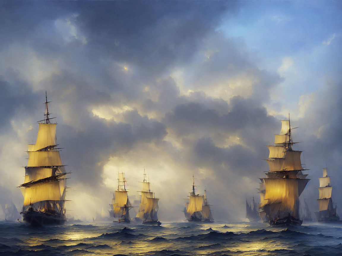 Tall ships sailing under stormy sky with sun rays reflecting on ocean