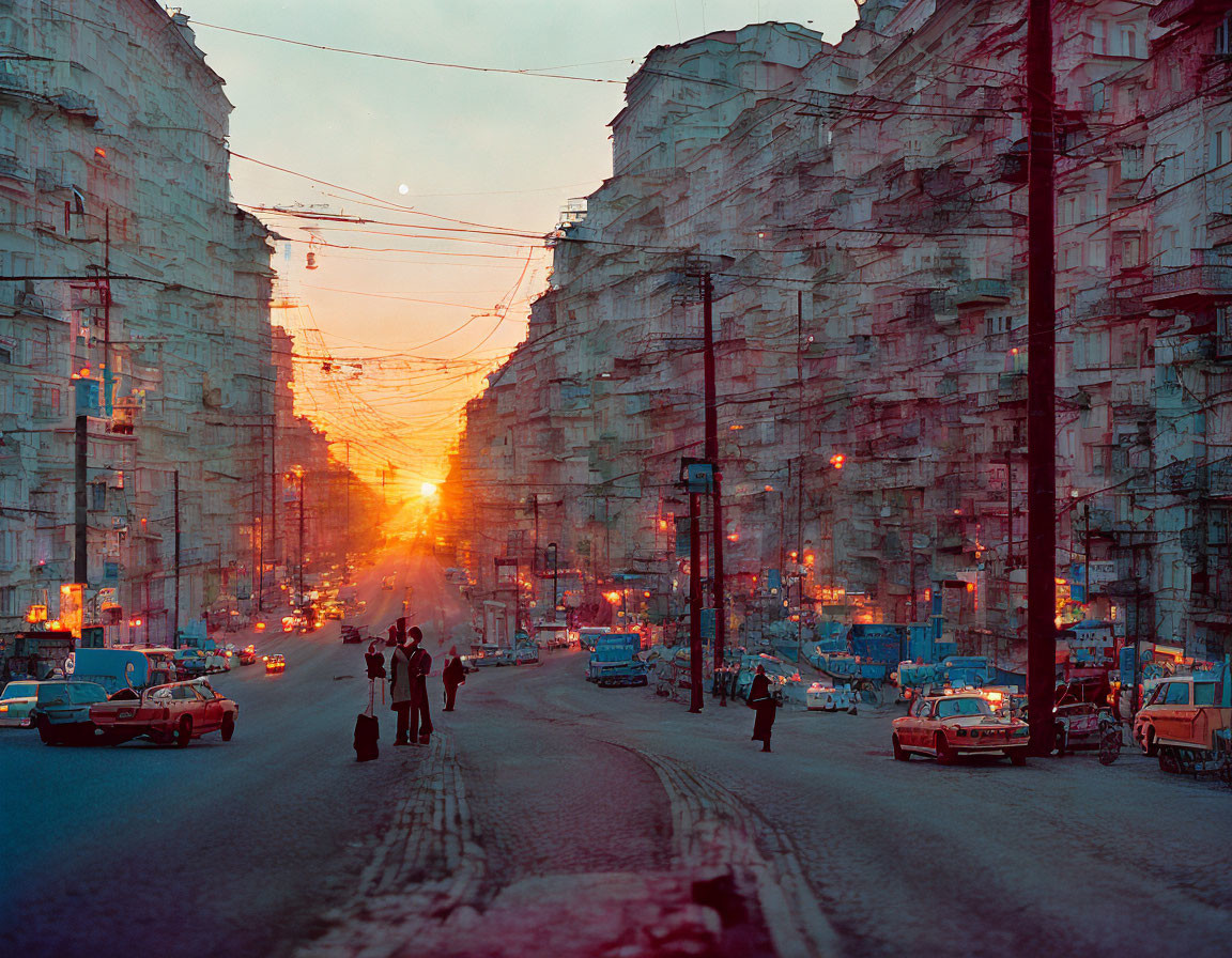 City street at dusk with pedestrians and cars under warm setting sun