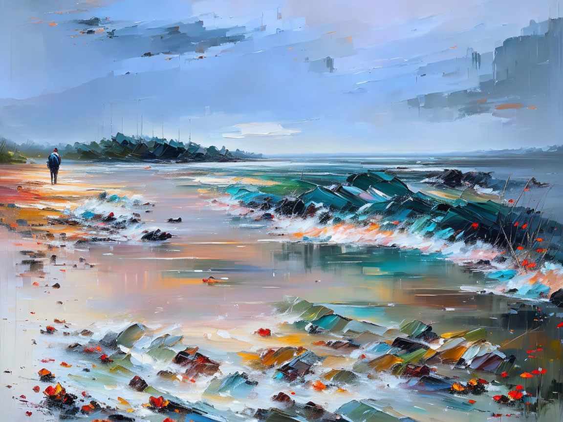 Vibrant beach scene with impressionistic brushstrokes