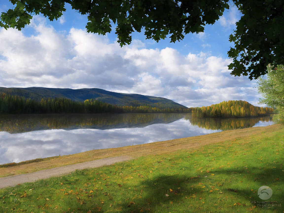 Tranquil lake with autumn trees reflections and green foreground