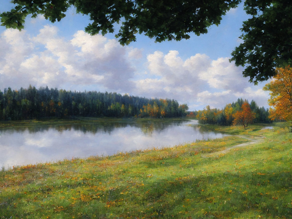 Tranquil landscape painting of lush meadow by river