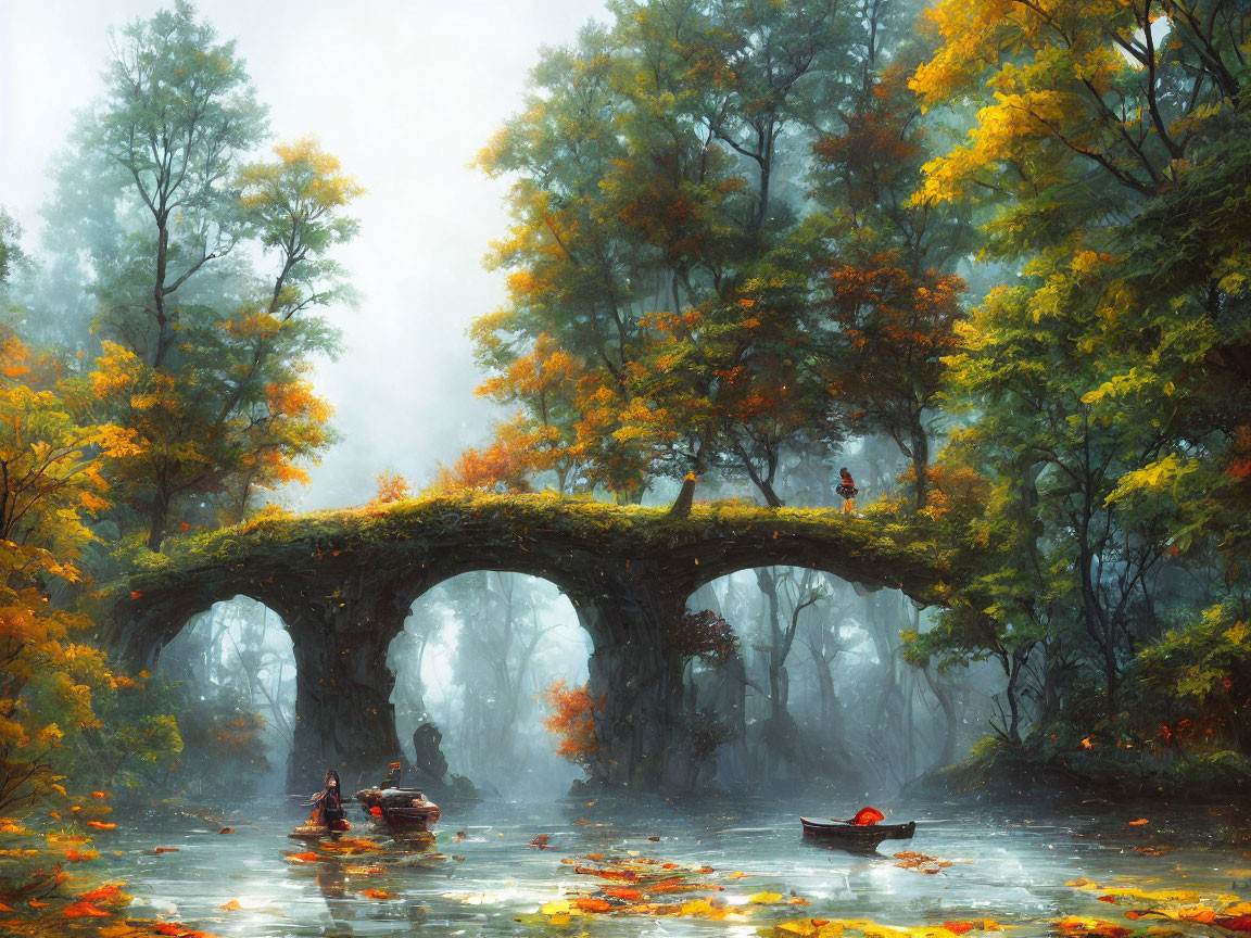 Stone bridge over tranquil river in misty autumn forest with people in small boats.