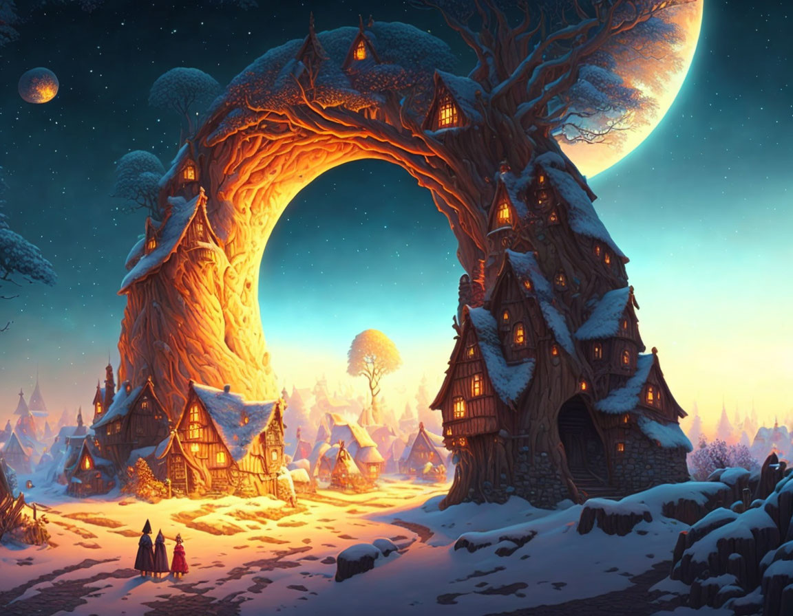 Snowy village with giant tree arch and moon in the sky at night