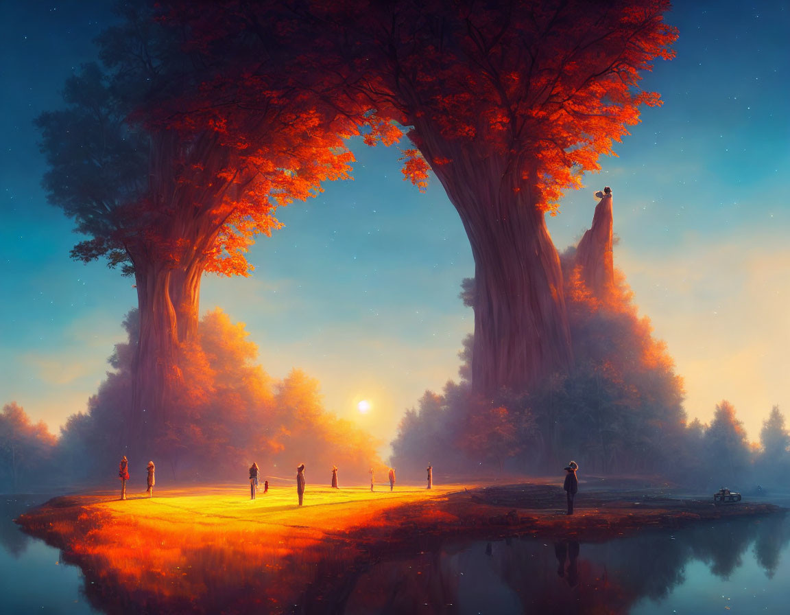 Serene sunset landscape with giant trees, reflective river, and silhouetted figures