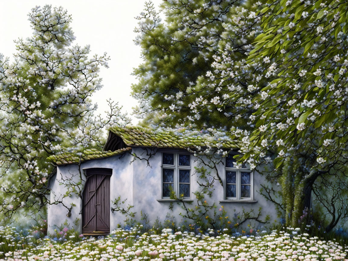 Charming cottage with brown door and windows amidst blooming white flowers and lush green trees