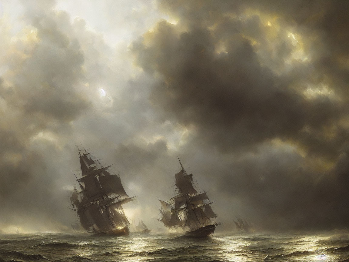 Tall Ships Sailing in Stormy Seas with Sunlight Breaking Through