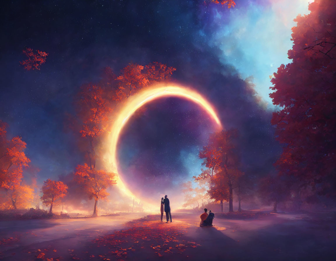 Night sky with solar eclipse over two figures in autumn setting