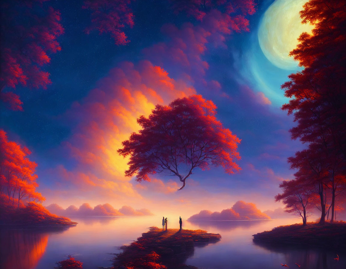 Vibrant red tree, calm lake, large moon in twilight sky