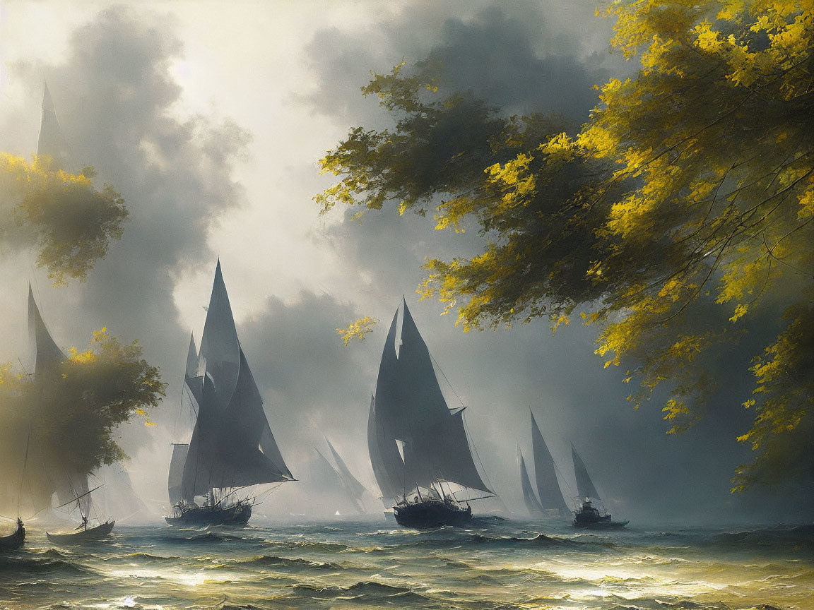 Sunlit sailboats on choppy waters with autumn leaves and misty background