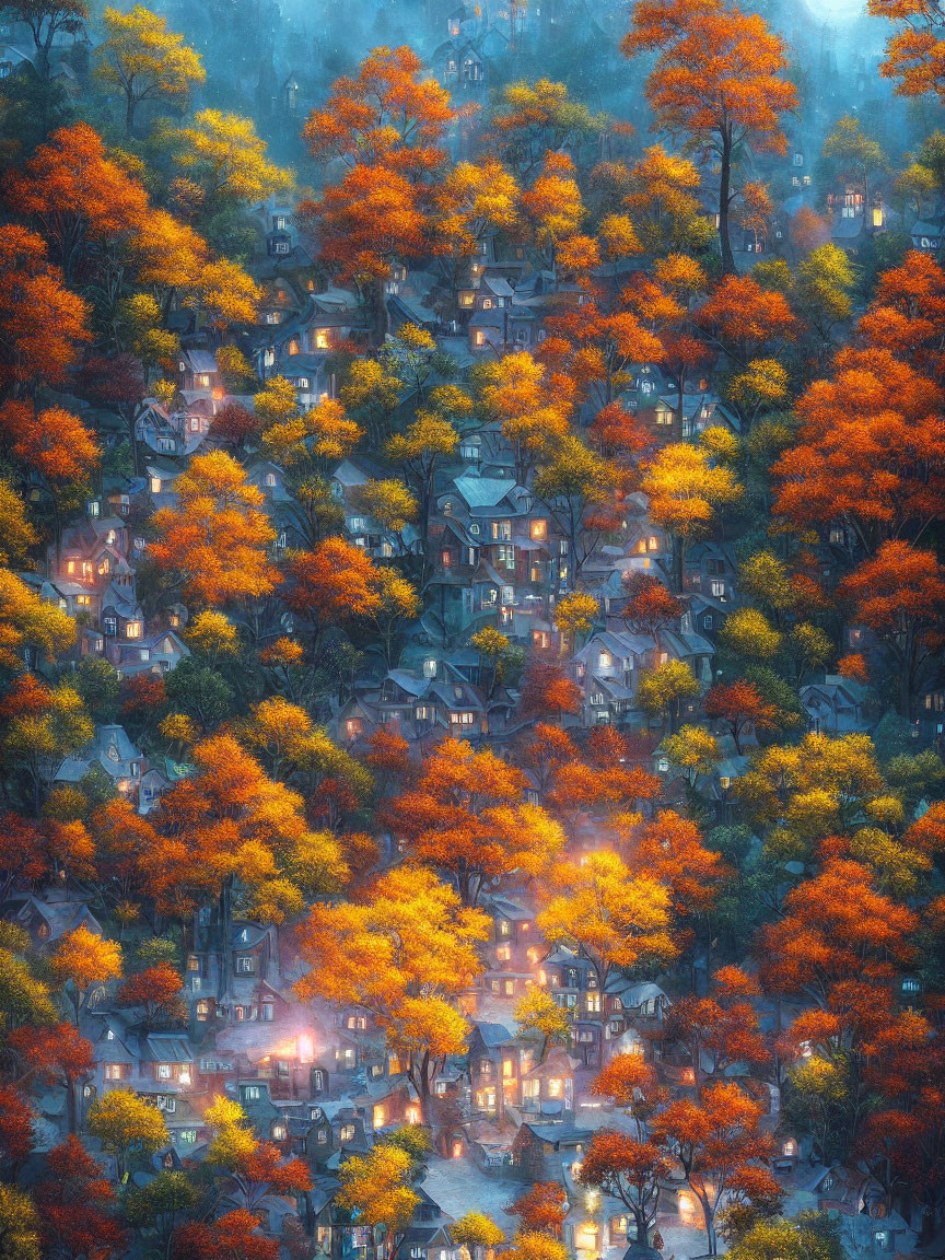 Autumn village surrounded by vibrant orange trees and glowing house lights