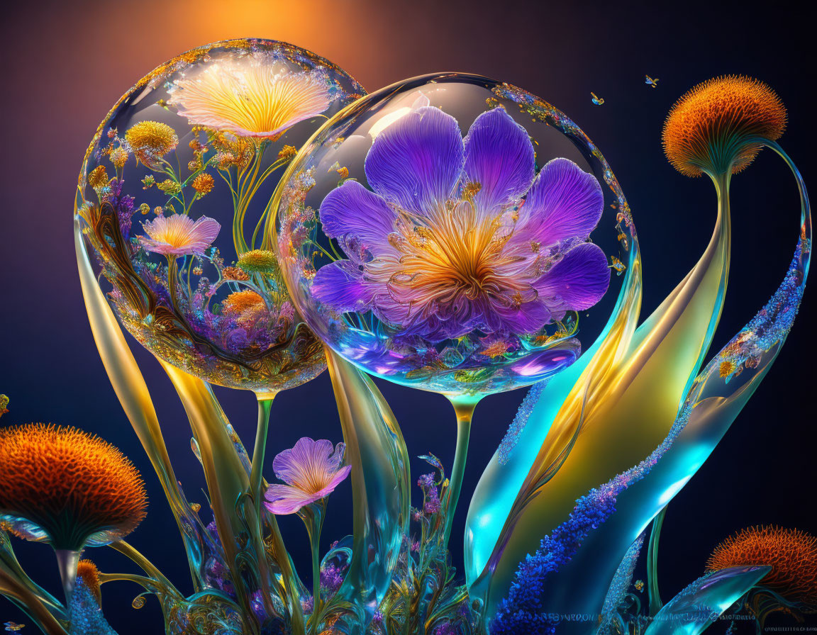 Colorful digital artwork: Translucent orbs with floral designs, glowing plants on dark backdrop