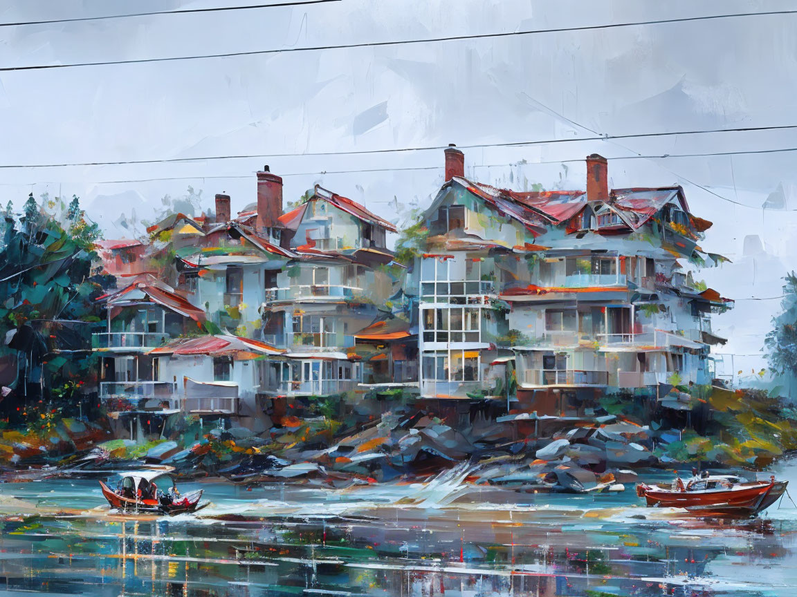 Impressionistic coastal houses on rocky terrain with boats and reflective windows