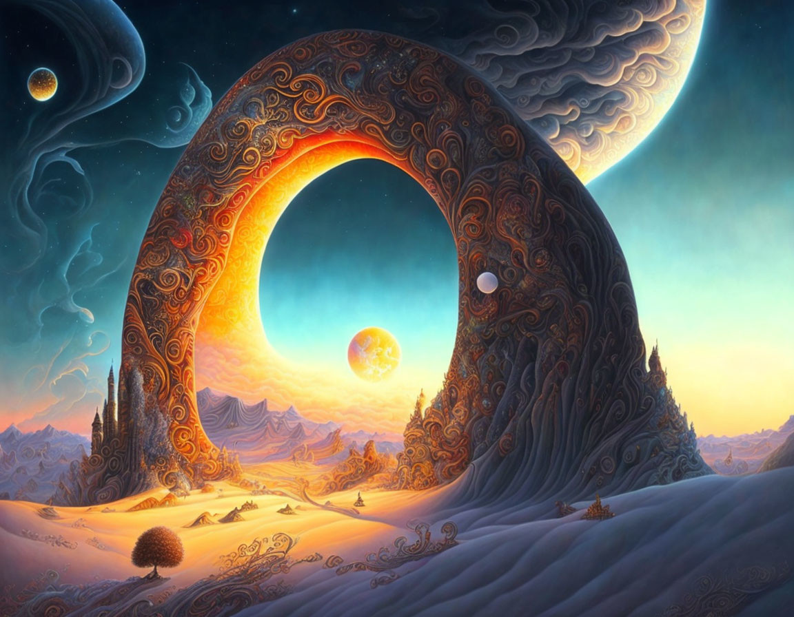 Fantastical landscape with ornate gate under starry sky