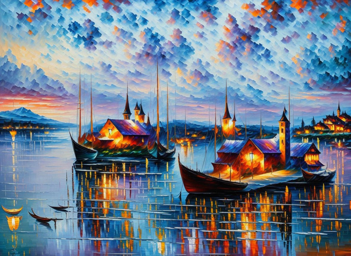 Impressionistic waterfront village sunset painting with boats and colorful sky